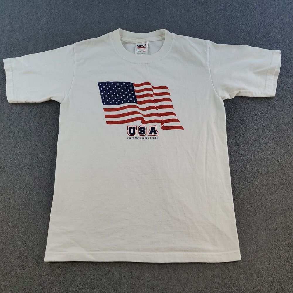 Vintage USA Flag T Shirt Party With Corey 7.10.04 Youth Size Medium White Anvil